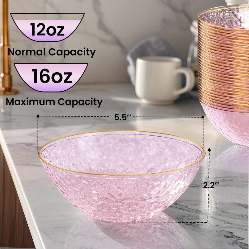 I00000 50 Pack 12 Ounce Pink Plastic Bowls Serving Bowls Hammered Clear Bowl with Gold Rimmed, Heavy Duty Disposable Bowl Set,Small Bowls for Wedding Party - Image 5