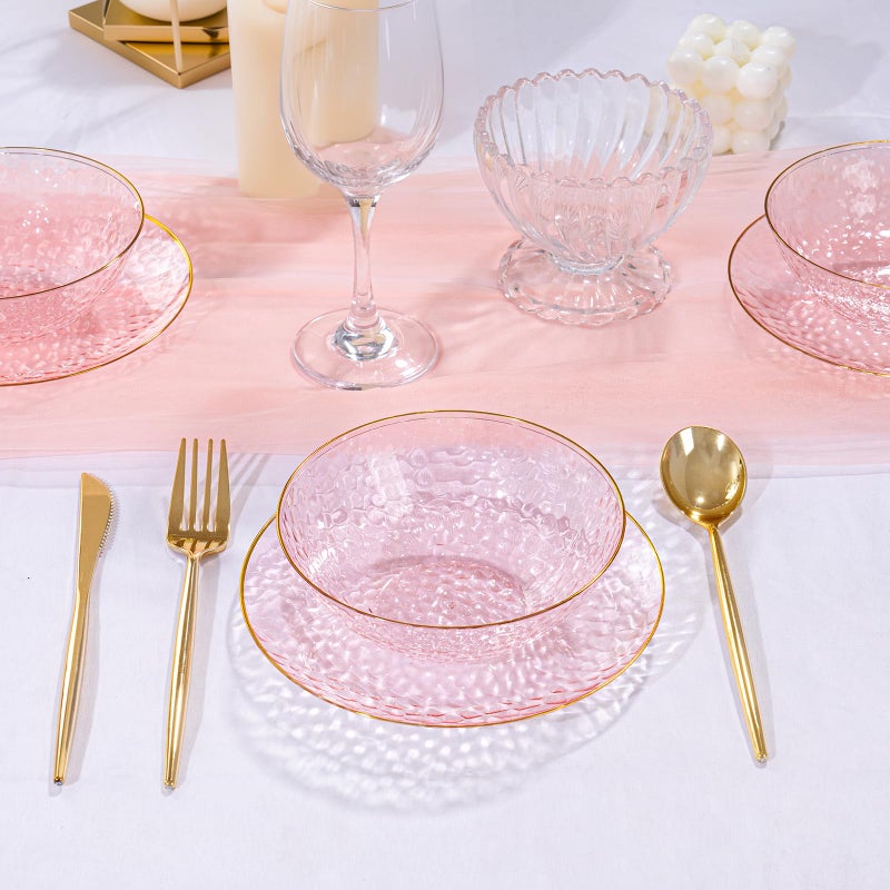 I00000 50 Pack 12 Ounce Pink Plastic Bowls Serving Bowls Hammered Clear Bowl with Gold Rimmed, Heavy Duty Disposable Bowl Set,Small Bowls for Wedding Party - Image 2