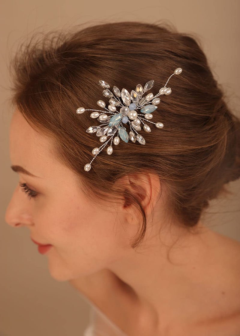 Denifery Bride Wedding Hair Combs Silver Crystal Sapphire Blue Hair Comb Beaded Headpieces Pearl Hair Accessories Jewelry for Women and Girls Sapphire Blue
