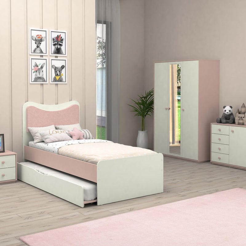 DANUBE HOME Candy 90x200 Kids Bed With Upholstered Headboard & 90x200 Trundle Bed | Modern Design Wooden Kids Bed Frame Furniture | Comfortable Bed (Mattress Not Included) - Blush Pink+Cream - Image 4