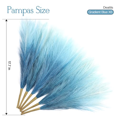 Ureymx Faux Pampas Grass Decor 177 Inch 6pcs Pompas Grass Flower Arrangement and Vase Filler Artificial Pampas Grass Short Decor for Boho Home Wedding Decoration Gradient Blue - Image 3