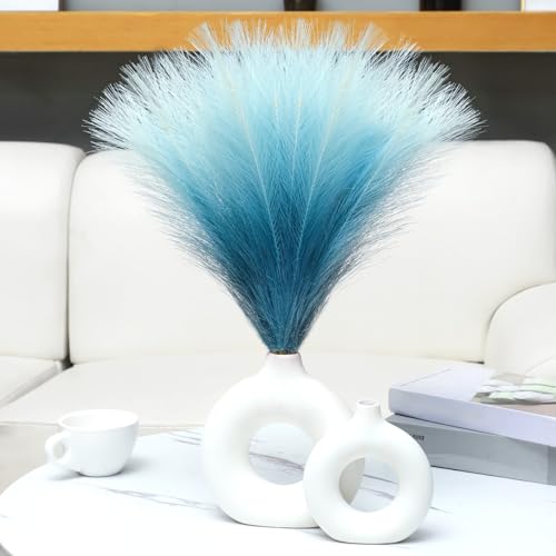 Ureymx Faux Pampas Grass Decor 177 Inch 6pcs Pompas Grass Flower Arrangement and Vase Filler Artificial Pampas Grass Short Decor for Boho Home Wedding Decoration Gradient Blue - Image 1
