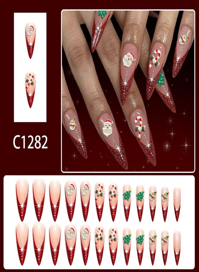 GRITOSE Christmas Press on Nail Long Stiletto Fake Nails Red French Tip Press ones with Candy Cane Christmas Tree Santa Claus designs Cute False Nails Full Cover Glitter Reusable Glue on Nails for Women24pcs - Image 2