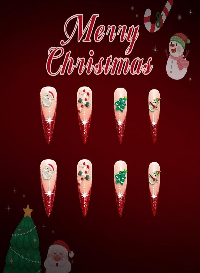 GRITOSE Christmas Press on Nail Long Stiletto Fake Nails Red French Tip Press ones with Candy Cane Christmas Tree Santa Claus designs Cute False Nails Full Cover Glitter Reusable Glue on Nails for Women24pcs - Image 3