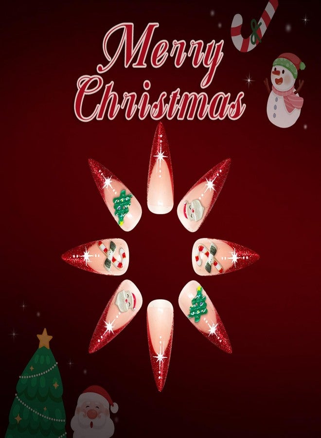 GRITOSE Christmas Press on Nail Long Stiletto Fake Nails Red French Tip Press ones with Candy Cane Christmas Tree Santa Claus designs Cute False Nails Full Cover Glitter Reusable Glue on Nails for Women24pcs - Image 4