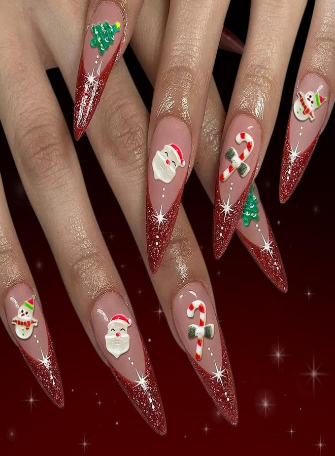 GRITOSE Christmas Press on Nail Long Stiletto Fake Nails Red French Tip Press ones with Candy Cane Christmas Tree Santa Claus designs Cute False Nails Full Cover Glitter Reusable Glue on Nails for Women24pcs - Image 1
