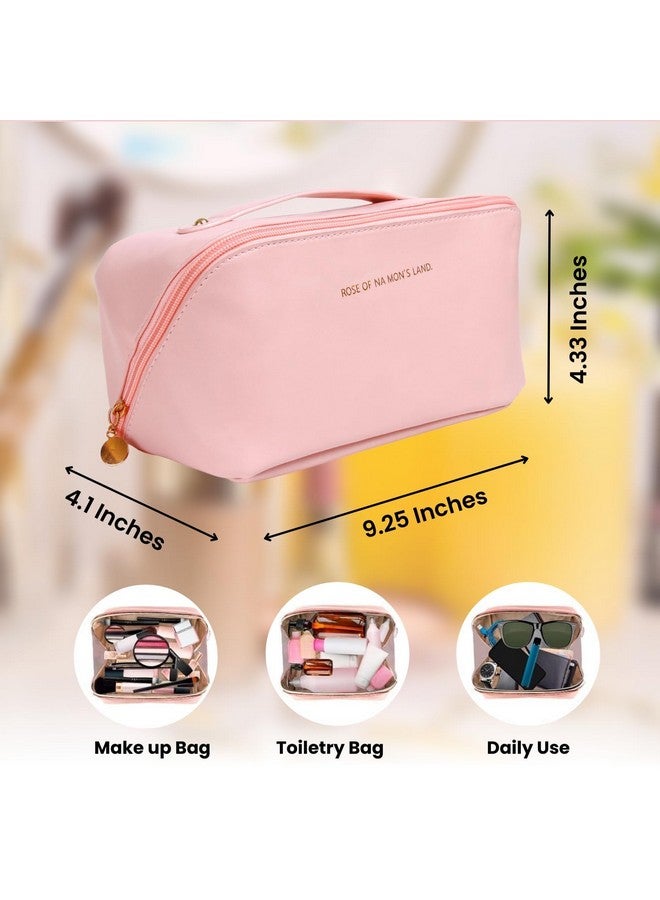 PRISHA'S ART STUDIO Women’s Portable Makeup Organizer - Waterproof Leather Travel Pouch with Dividers, Wide Opening & Carry Handle - Pink Cosmetic Bag - Image 3