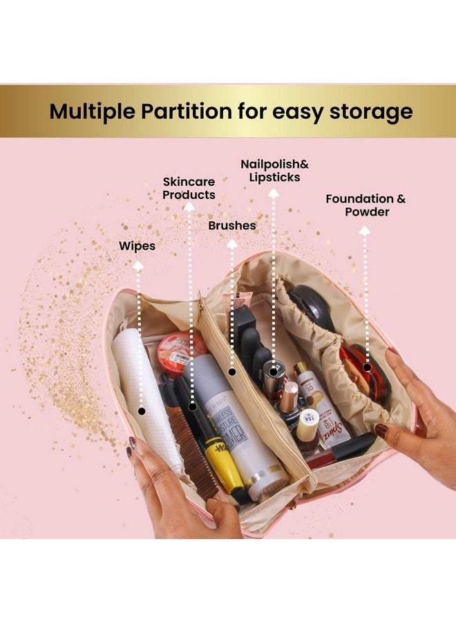 PRISHA'S ART STUDIO Women’s Portable Makeup Organizer - Waterproof Leather Travel Pouch with Dividers, Wide Opening & Carry Handle - Pink Cosmetic Bag - Image 2
