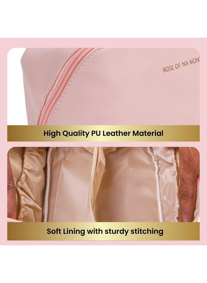 PRISHA'S ART STUDIO Women’s Portable Makeup Organizer - Waterproof Leather Travel Pouch with Dividers, Wide Opening & Carry Handle - Pink Cosmetic Bag - Image 4