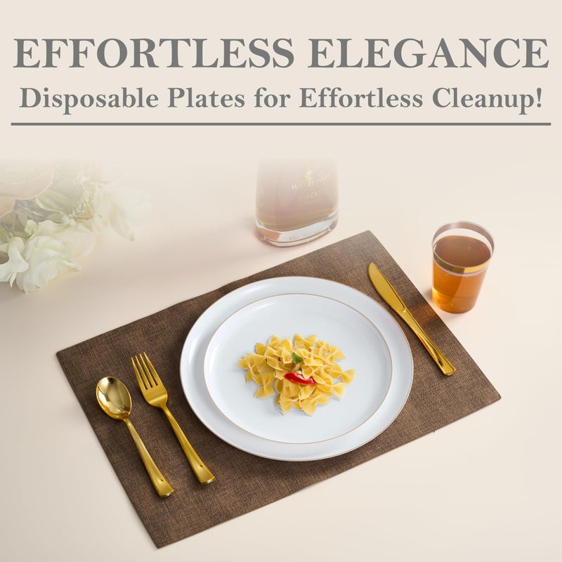 BloominGoods 50 PCS Disposable Plastic Plates For Party  25 8.5 In. Appetizer Plates And 25 10.5 In. Dinner Plates  White With Gold Rim Plates For Wedding Or Event  Heavy Duty - Image 2