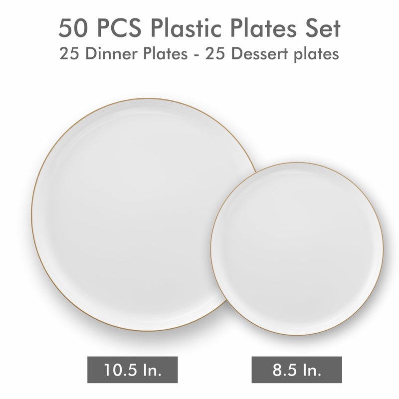 BloominGoods 50 PCS Disposable Plastic Plates For Party  25 8.5 In. Appetizer Plates And 25 10.5 In. Dinner Plates  White With Gold Rim Plates For Wedding Or Event  Heavy Duty - Image 3