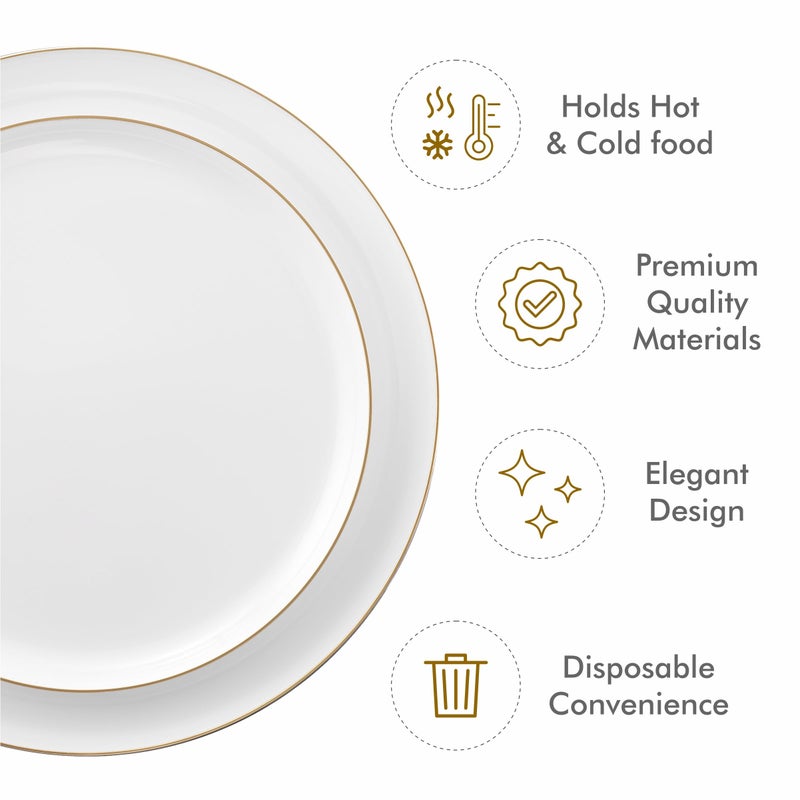 BloominGoods 50 PCS Disposable Plastic Plates For Party  25 8.5 In. Appetizer Plates And 25 10.5 In. Dinner Plates  White With Gold Rim Plates For Wedding Or Event  Heavy Duty - Image 4