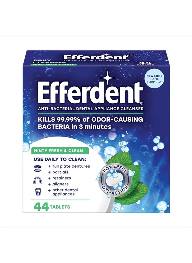 Efferdent أقراص تنظيف مثبتات الأسنان من إيفردنت، أقراص تنظيف أطقم الأسنان للأجهزة السنية، بنكهة النعناع المنعشة والنظيفة، 44 قرصًا  - Image 1