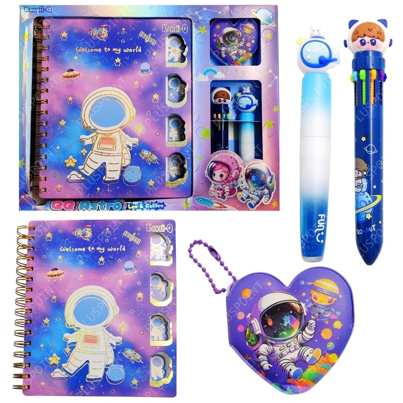 PLUSPOINT مجموعة مذكرات بموضوع رائد الفضاء للأطفال، دفتر حلزوني لطيف A5 مع 230 صفحة مخططة مجموعة هدايا مميزة للكتابة والرسم هدية رائد الفضاء مع قلم متعدد الألوان، مذكرات صغيرة، قلم تمييز - Image 1