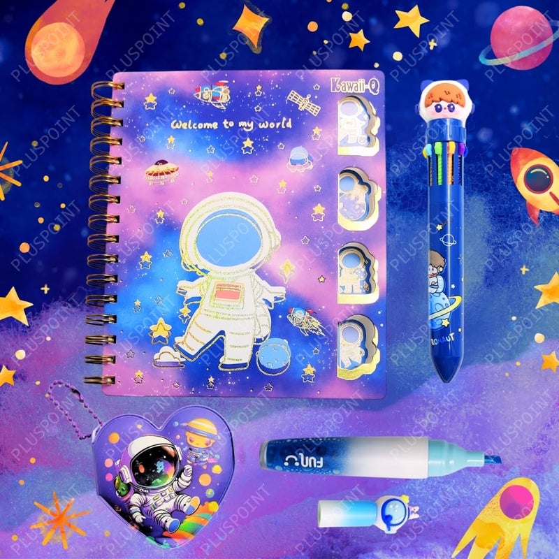 PLUSPOINT مجموعة مذكرات بموضوع رائد الفضاء للأطفال، دفتر حلزوني لطيف A5 مع 230 صفحة مخططة مجموعة هدايا مميزة للكتابة والرسم هدية رائد الفضاء مع قلم متعدد الألوان، مذكرات صغيرة، قلم تمييز - Image 2