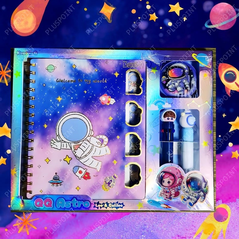 PLUSPOINT مجموعة مذكرات بموضوع رائد الفضاء للأطفال، دفتر حلزوني لطيف A5 مع 230 صفحة مخططة مجموعة هدايا مميزة للكتابة والرسم هدية رائد الفضاء مع قلم متعدد الألوان، مذكرات صغيرة، قلم تمييز - Image 5