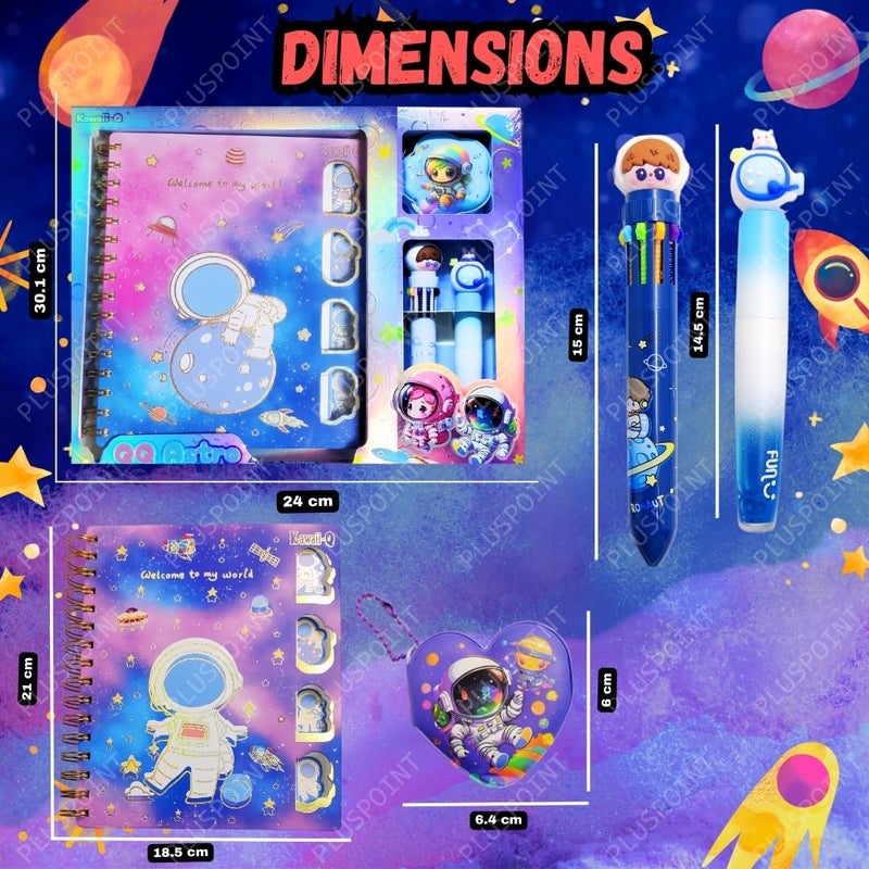 PLUSPOINT مجموعة مذكرات بموضوع رائد الفضاء للأطفال، دفتر حلزوني لطيف A5 مع 230 صفحة مخططة مجموعة هدايا مميزة للكتابة والرسم هدية رائد الفضاء مع قلم متعدد الألوان، مذكرات صغيرة، قلم تمييز - Image 4