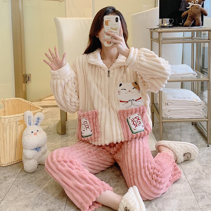 Autumn and winter flannel strip cute sweet coral velvet thick plus fat increase 220kg fat MM can wear home clothes - Image 1