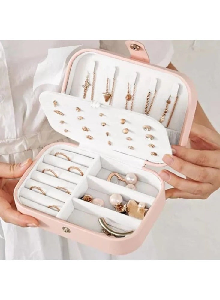 Travel Jewelry Box, Small Leather Jewelry Organizer for Women Girls, 3-Tier Jewelry Holder with Hooks, Portable Storage Boxes for Earrings, Rings, Bracelets (Pink) - Image 2