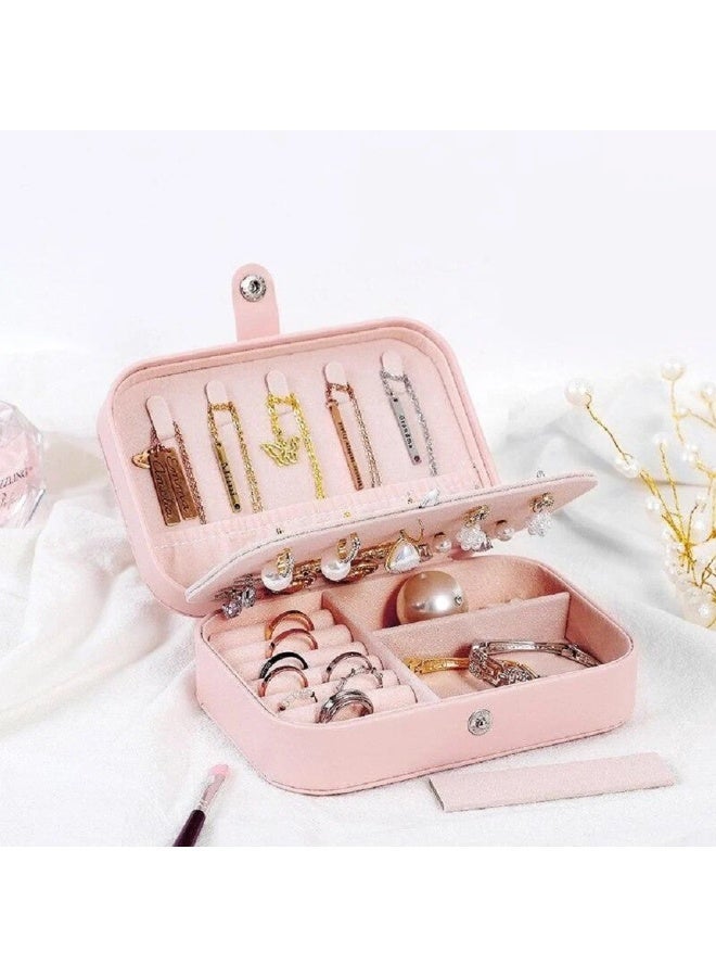 Travel Jewelry Box, Small Leather Jewelry Organizer for Women Girls, 3-Tier Jewelry Holder with Hooks, Portable Storage Boxes for Earrings, Rings, Bracelets (Pink) - Image 1