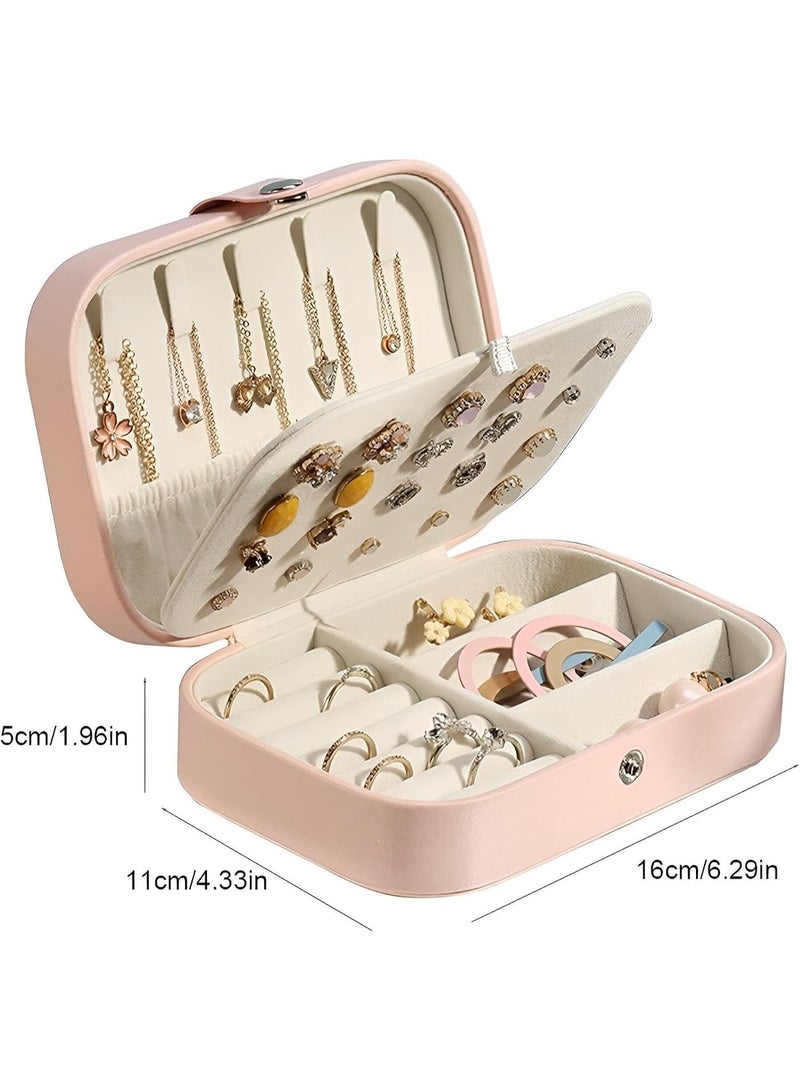Travel Jewelry Box, Small Leather Jewelry Organizer for Women Girls, 3-Tier Jewelry Holder with Hooks, Portable Storage Boxes for Earrings, Rings, Bracelets (Pink) - Image 5