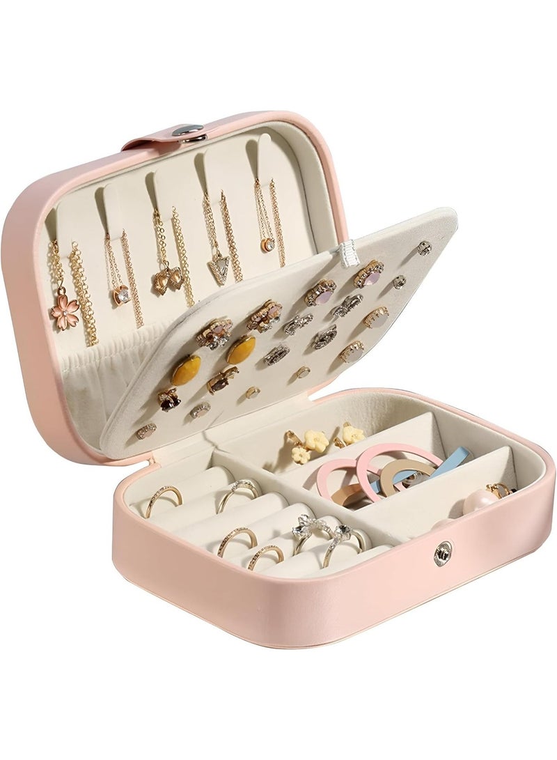 Travel Jewelry Box, Small Leather Jewelry Organizer for Women Girls, 3-Tier Jewelry Holder with Hooks, Portable Storage Boxes for Earrings, Rings, Bracelets (Pink) - Image 3