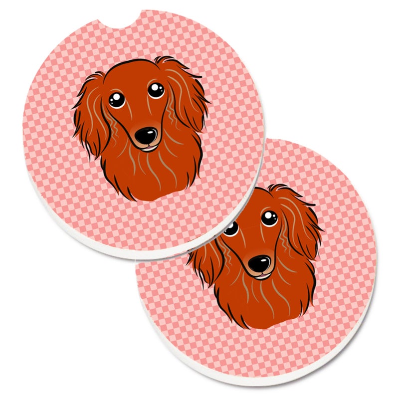 Caroline's Treasures ""Caroline's Treasures Checkerboard Pink Longhair Red Dachshund Set of 2 Cup Holder Car Coasters BB1214CARC  2.56  Multicolor"" 