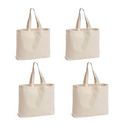 WOWSEA Natural Canvas Tote Bags, 4 pcs Reusable 24oz Shopping Bag DIY pattern for Crafting and Decorating Sturdy Washable Grocery Tote Bag (Beige) - Image 1