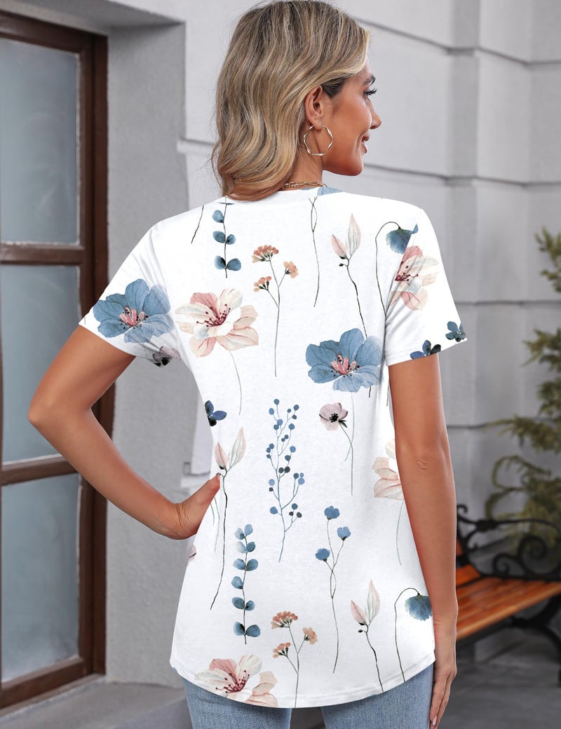 TCOT Crew Neck Shirts for Women Casual Spring Clothes 2026 Short Sleeve White Floral Trendy Tops Dressy Blouses S - Image 3