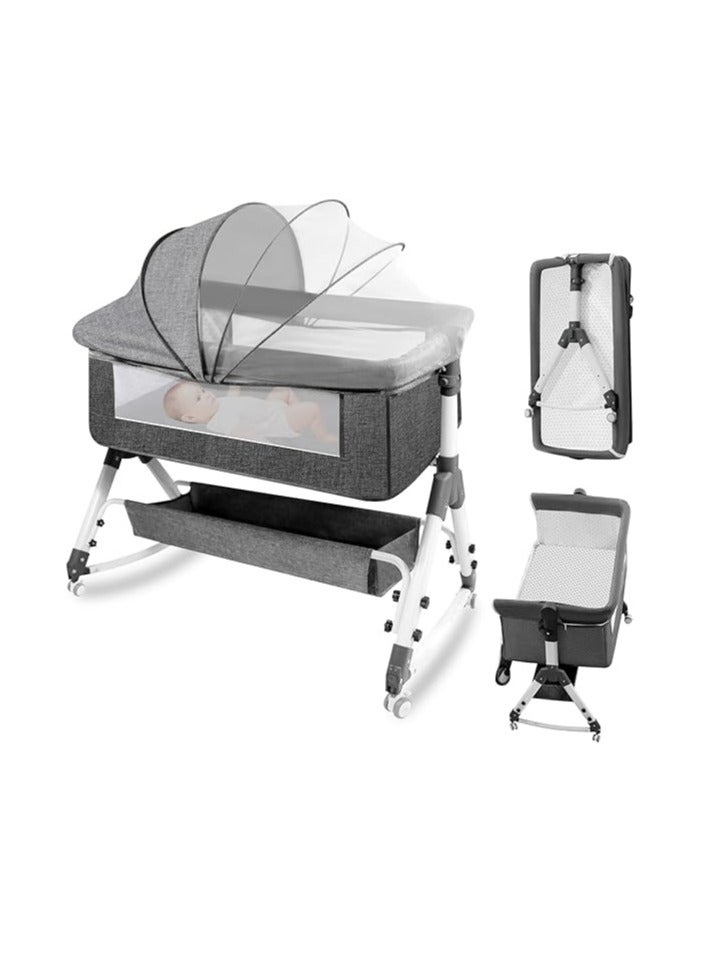 Baby Bassinet,Foldable Newborn Crib with Mosquito Net and Wanxiang Silent Wheel, Adjustable Height,Bassinet Bedside Sleeper