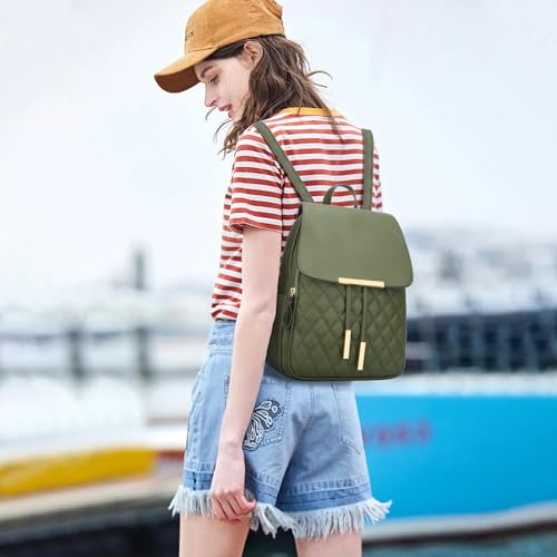 KKXIU Quilted Trendy Leather Backpack Purse for Women and Ladies Shoulder Travel Daypacks Bags (Olive) - Image 2