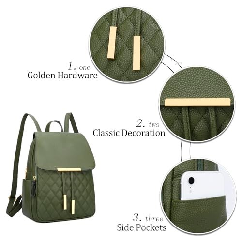 KKXIU Quilted Trendy Leather Backpack Purse for Women and Ladies Shoulder Travel Daypacks Bags (Olive) - Image 3