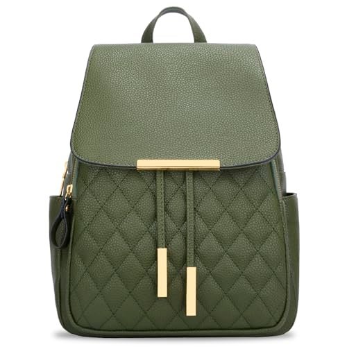 KKXIU Quilted Trendy Leather Backpack Purse for Women and Ladies Shoulder Travel Daypacks Bags (Olive) - Image 4