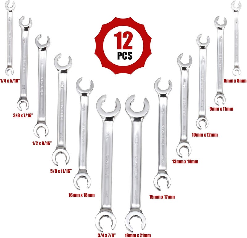 ARUCMIN Flare Nut Wrench Set,12-Piece Chrome Vanadium Steel Line Wrench Set SAE & Metric 1/4"-7/8" and 6-21mm with Organizer Box - Image 2