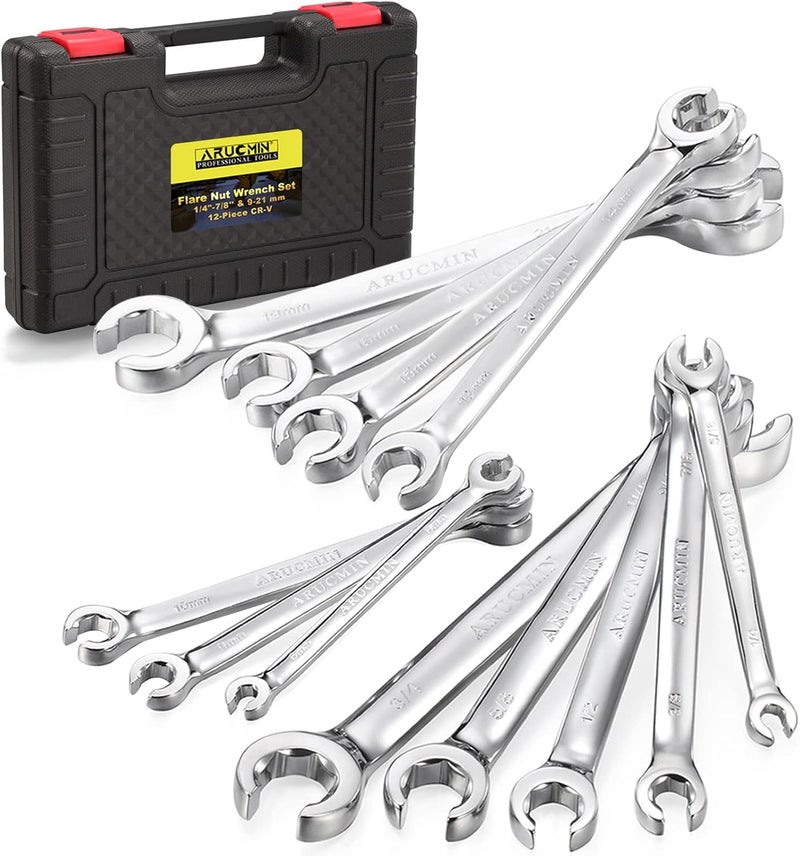 ARUCMIN Flare Nut Wrench Set,12-Piece Chrome Vanadium Steel Line Wrench Set SAE & Metric 1/4"-7/8" and 6-21mm with Organizer Box - Image 1