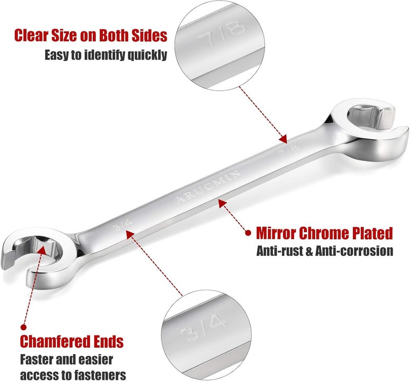 ARUCMIN Flare Nut Wrench Set,12-Piece Chrome Vanadium Steel Line Wrench Set SAE & Metric 1/4"-7/8" and 6-21mm with Organizer Box - Image 3