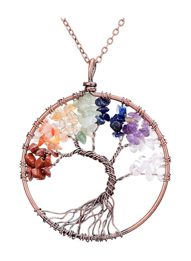 SYOSI Crystal Pendant Necklace, 7 Color Tree of Life Crystal Pendant Necklace, Tumbled Stone Exquisite Tree of Wisdom Ancient Copper Necklace, Chakra Gemstone Copper Wire Wrap Necklace - Image 1