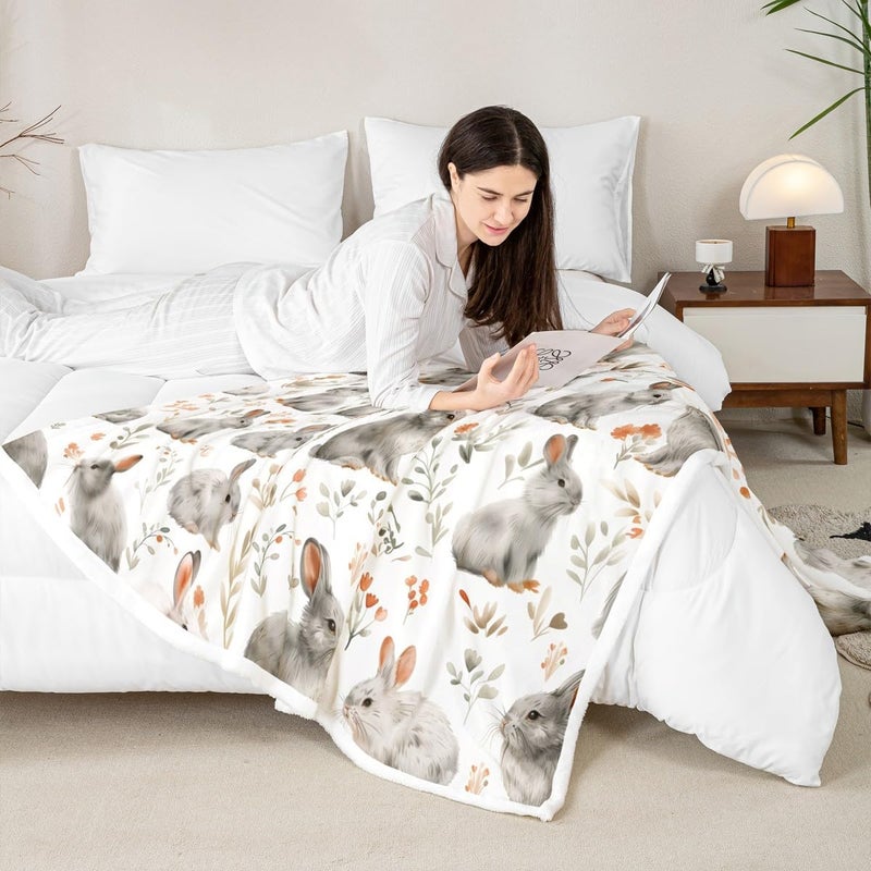 Erosebridal Kawaii Rabbit 40X50 Sherpa Blanket for Kids Cute Bunny Fuzzy Plush Throw Flowers Country Floral Fleece Blanket for Girls Boys Teens Bedroom Rustic Farmhouse Decor for Bed Couch - Image 3