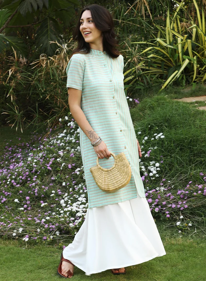 QISSA  Women's Sage Green Shadow Striped Kurta for Women | Best Price UAE