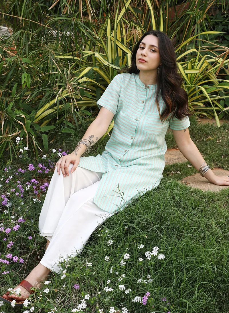 QISSA Women's Sage Green Shadow Striped Kurta