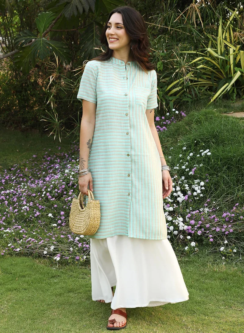 QISSA  Women's Sage Green Shadow Striped Kurta for Women | Best Price UAE