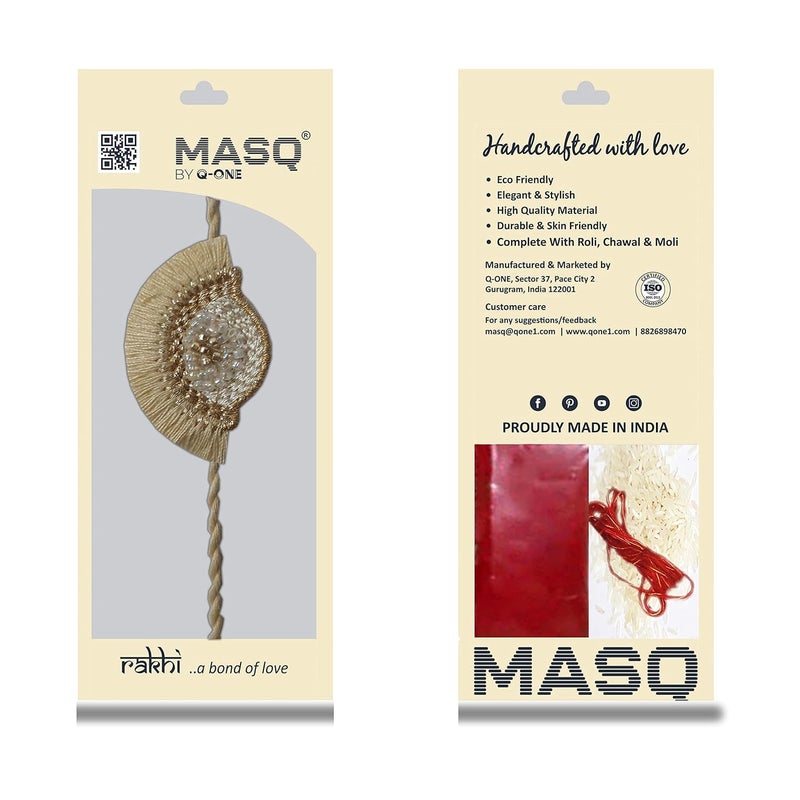MASQ by Q-One Designer Rakhi Combo Set with Roli Chawal & Moli for Men (Pack of 3) | Embroidered Handcrafted Raksha Bandhan Bracelet for Brother - Image 5