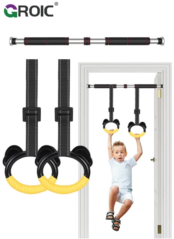 GROIC Pull Up Bar Chin Up Bar with Kids Gymnastic Rings, Adjustable 80~130 CM Door Horizontal Bars with Kids Gymnastic Rings Pull up Rings for Home Workout Gym Training Workout Bar Sport Fitness  - Image 1