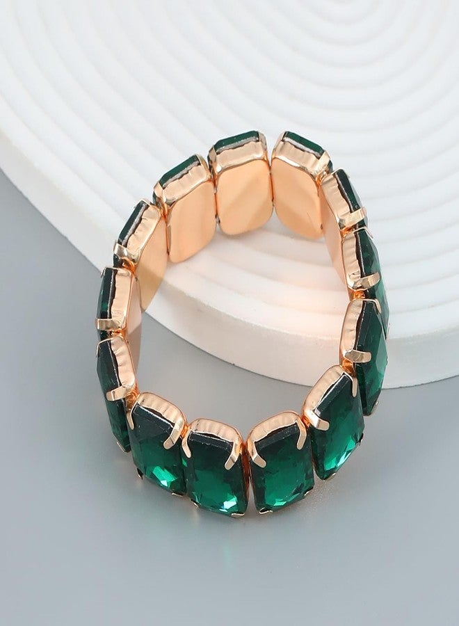 Xerling Wedding Square Crystal Stretch Bracelets Bridal Green Rhinestones Bangle Bracelets Sparkle Elastic Hand Chain Jewelry for Women (Green A) - Image 5