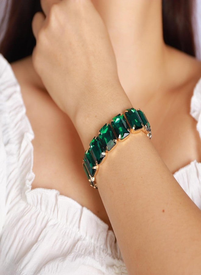 Xerling Wedding Square Crystal Stretch Bracelets Bridal Green Rhinestones Bangle Bracelets Sparkle Elastic Hand Chain Jewelry for Women (Green A) - Image 3