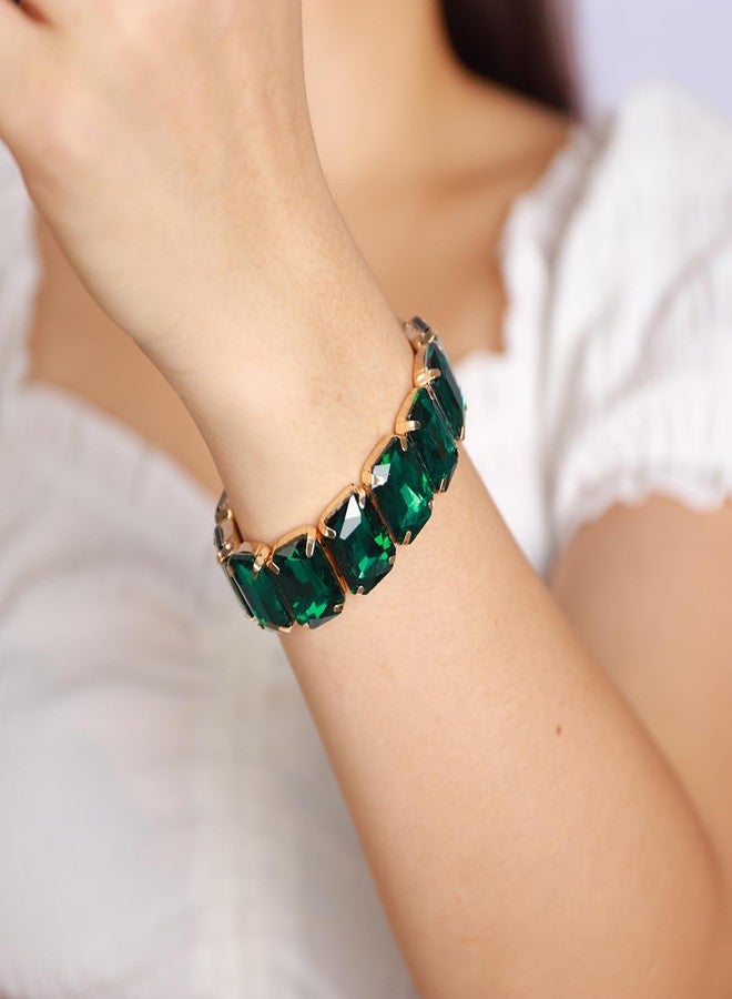 Xerling Wedding Square Crystal Stretch Bracelets Bridal Green Rhinestones Bangle Bracelets Sparkle Elastic Hand Chain Jewelry for Women (Green A) - Image 2