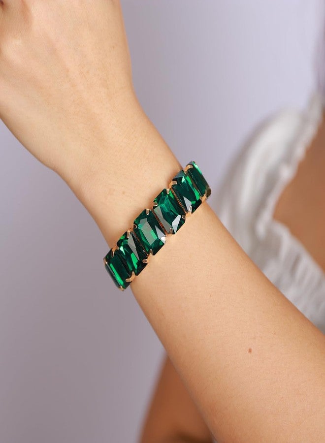 Xerling Wedding Square Crystal Stretch Bracelets Bridal Green Rhinestones Bangle Bracelets Sparkle Elastic Hand Chain Jewelry for Women (Green A) - Image 4