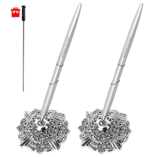 RUTICH Hollow Round Pen Holder Signing Pen Set for Wedding Bridal, Silver 2 Pcs - Image 1