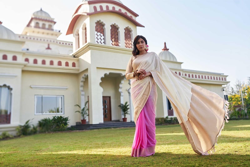 Vardha Women Banarasi Georgette Woven Work Half & Half Saree For Women With Gold Zari Border & Unstitched Blouse Piece - Off-White, Pink, Off-White Sari ishani, 653 - Image 3