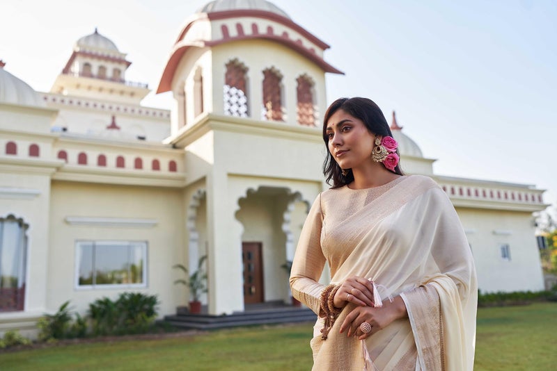 Vardha Women Banarasi Georgette Woven Work Half & Half Saree For Women With Gold Zari Border & Unstitched Blouse Piece - Off-White, Pink, Off-White Sari ishani, 653 - Image 2